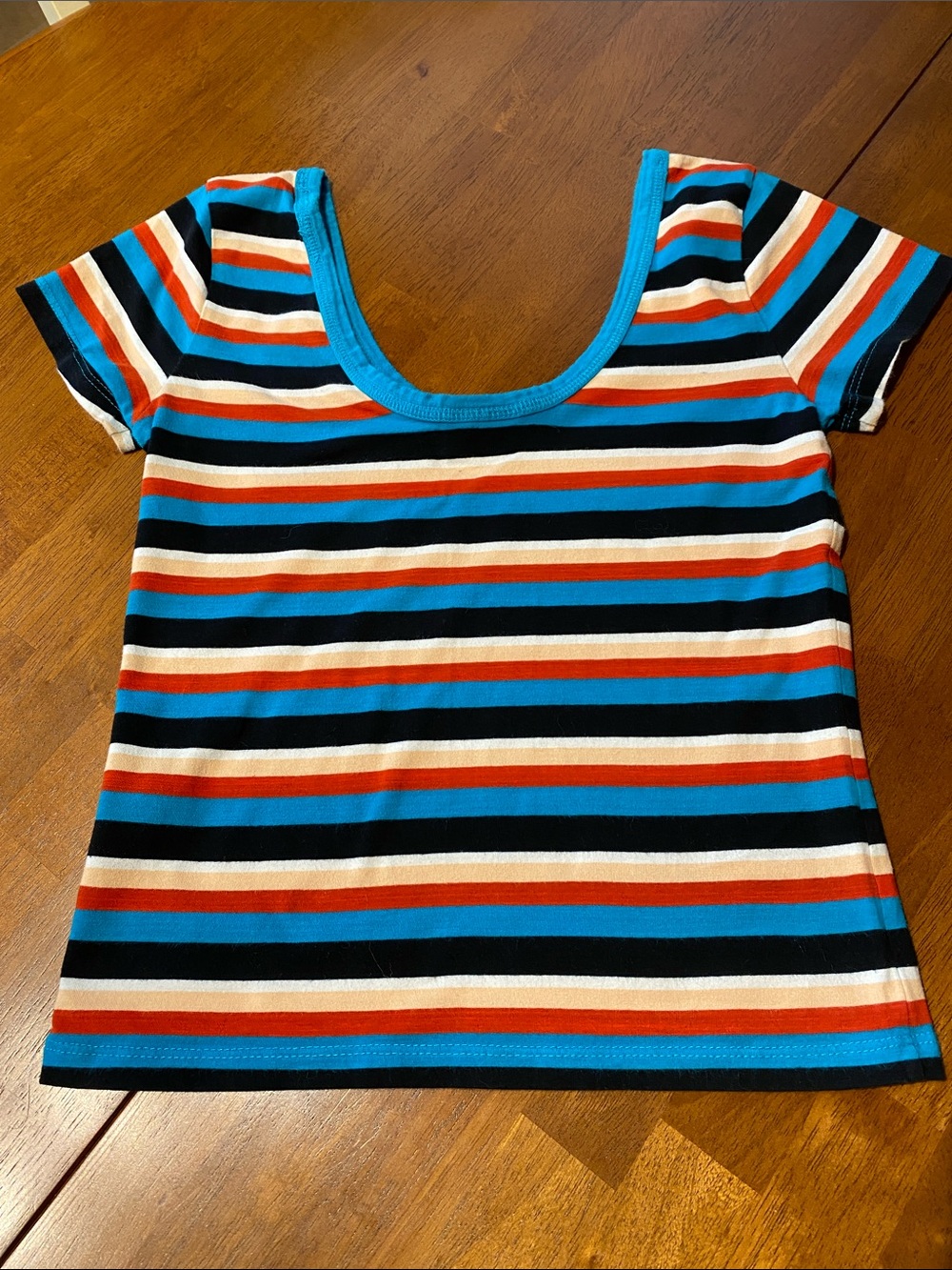 Abound Scoop Neck Striped Tee/Crop Top in Teal, Black, Red & Cream Size Small